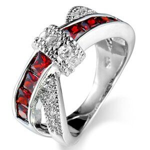 🌸925 Silver Plated Antique Red CZ Punk Party Cocktail Ring, GPMB1399